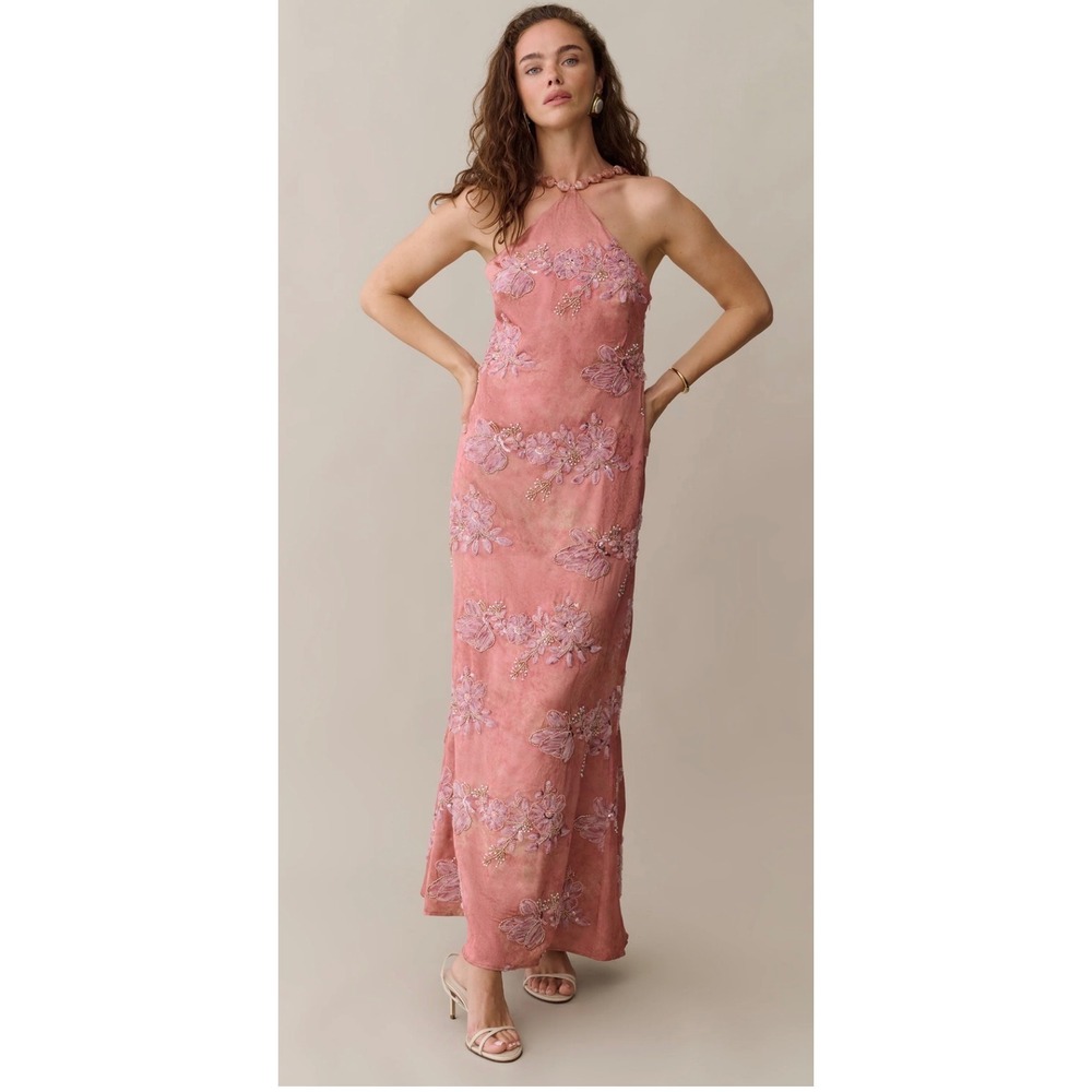 Few Moda .p.t One Pretty Time Pink Floral Beaded Sequin Halter Maxi Dress Size 8